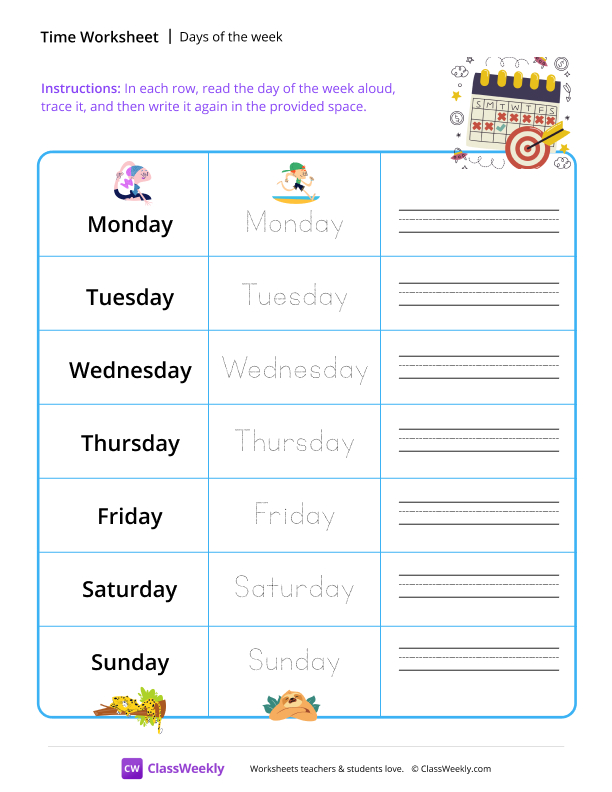 Days of the week - Calendar worksheet preview