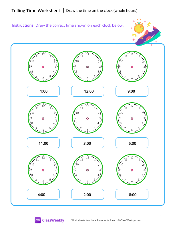 Draw the time on the clock (whole hours) - Race worksheet preview
