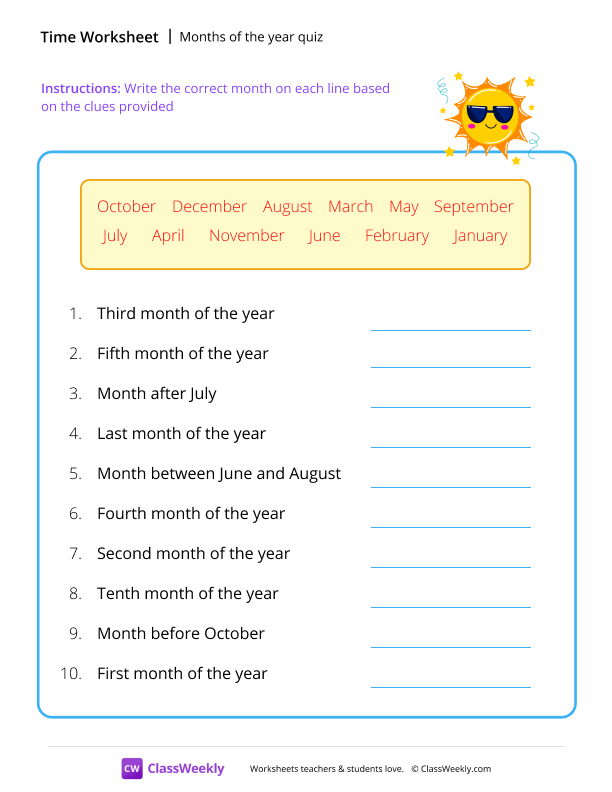 Months of the year quiz - Summer worksheet preview