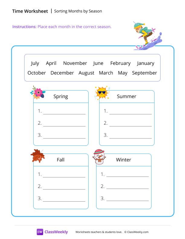 Sorting Months by Season - Ski worksheet preview