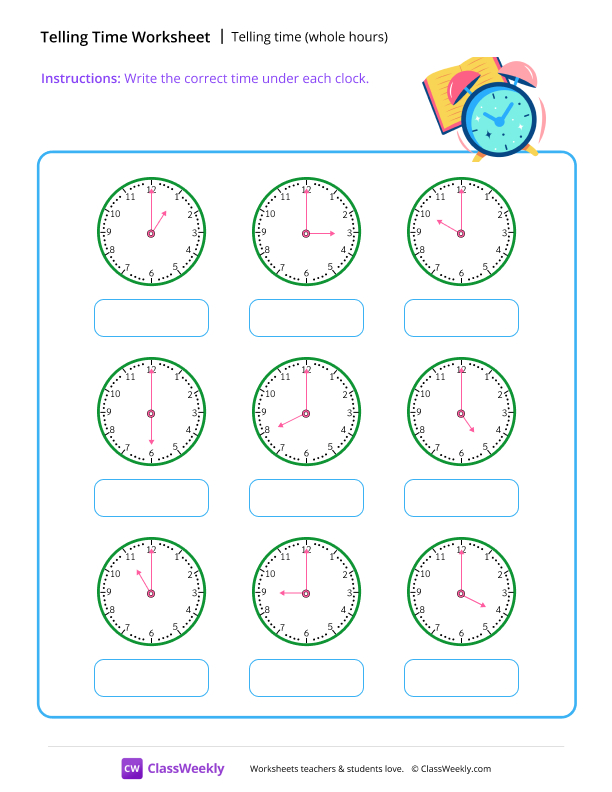 Telling time (whole hours) - Alarm worksheet preview