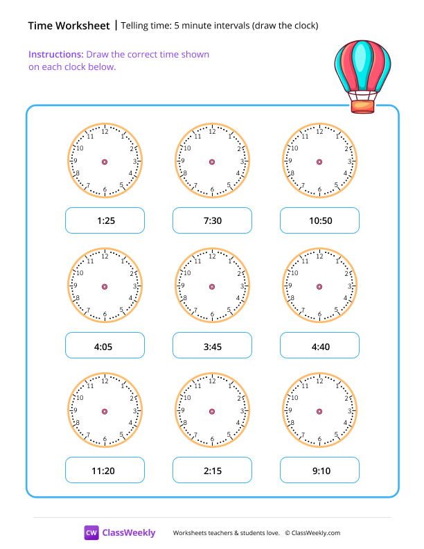 Telling time: 5 minute intervals (draw the clock) worksheet preview