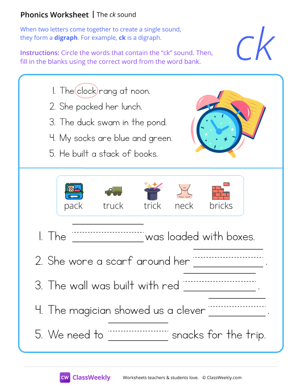 Digraph sounds - The 'ck' sound worksheet preview