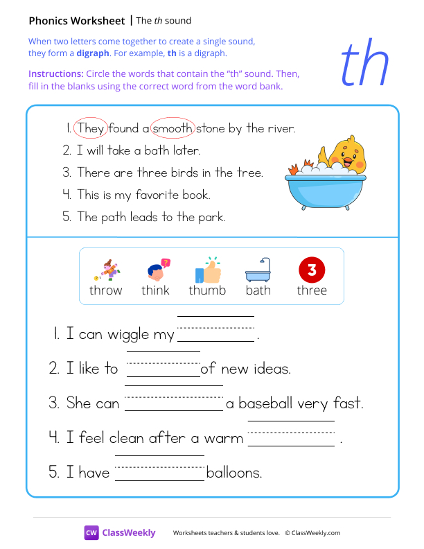 Digraph sounds - The th' sound worksheet preview