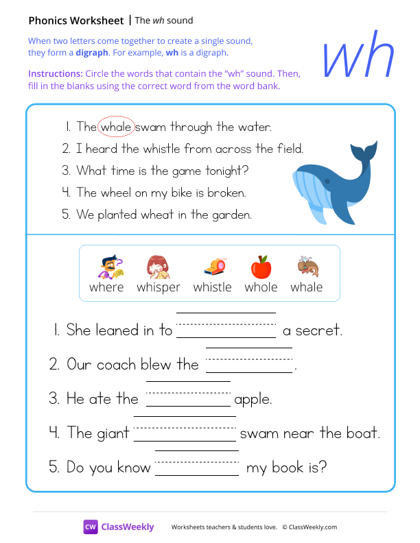 Digraph sounds - The 'wh' sound worksheet preview