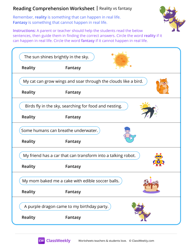 Reality vs Fantasy worksheet preview