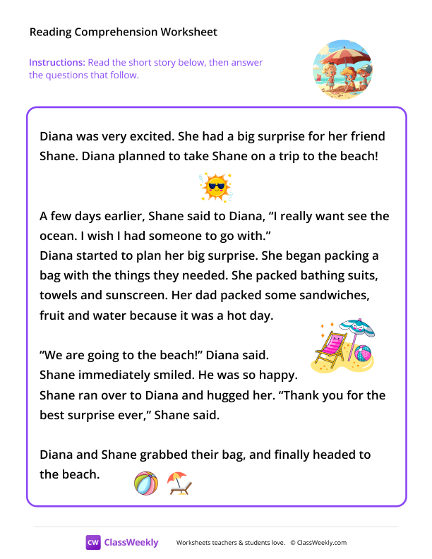 Beach Trip (Level E Story) worksheet preview
