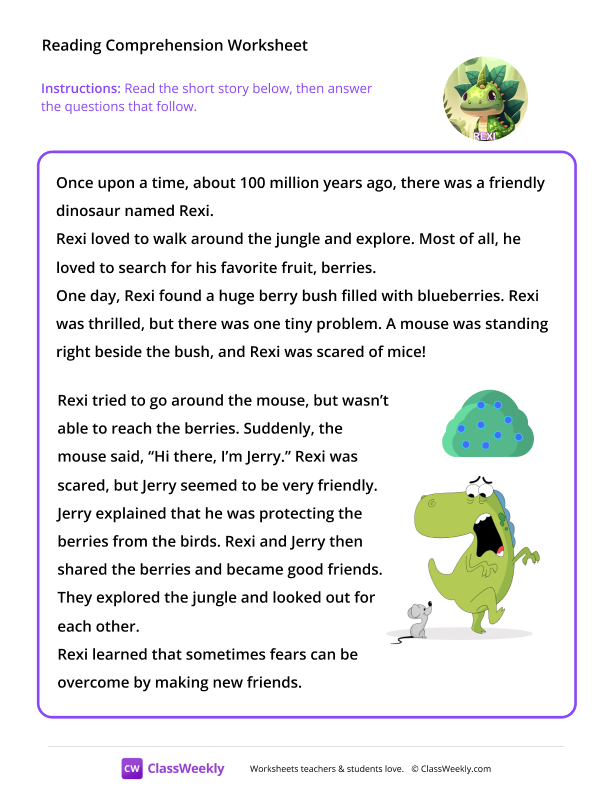 Rexi The Dino (Level F Story) - Reading Comprehension worksheet preview