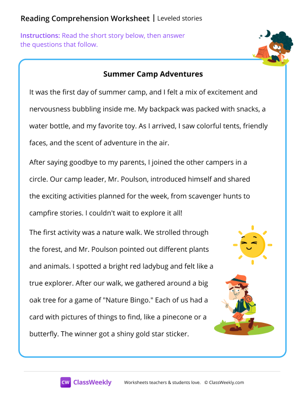 Summer Camp Adventures (Level K Story) worksheet preview