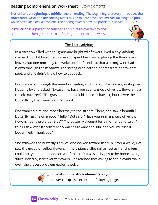 Story Elements: Character, setting & plot worksheet preview