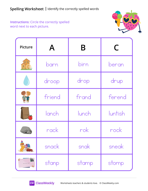 Identify the Correctly Spelled Words - Strawberry worksheet preview
