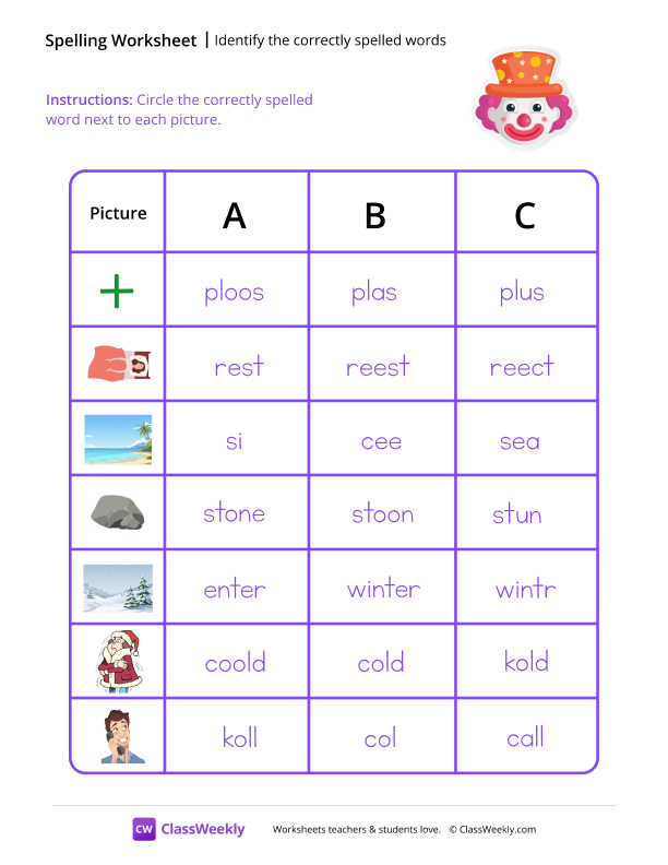 Identify the Correctly Spelled Words - Clown worksheet preview