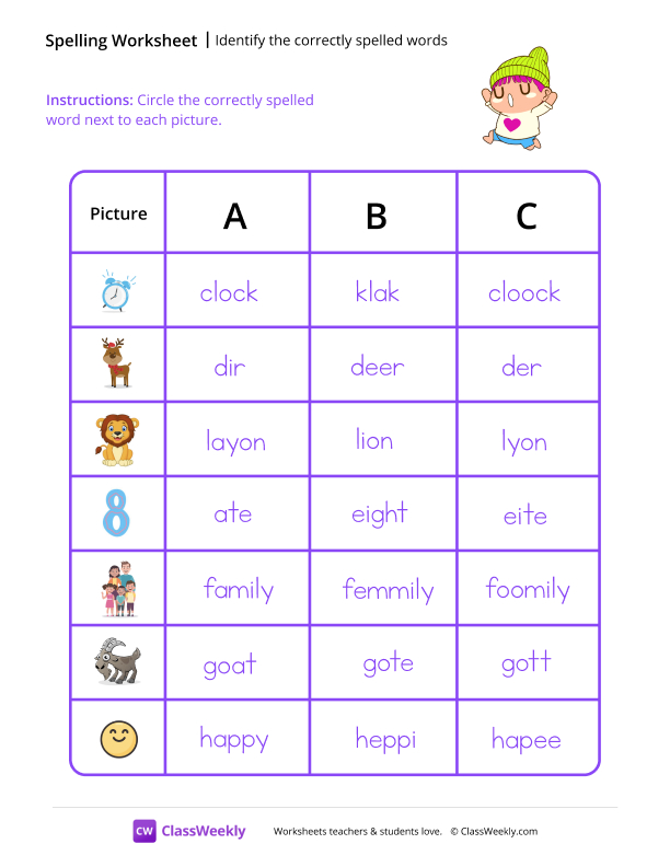 Identify the Correctly Spelled Words - Jog worksheet preview