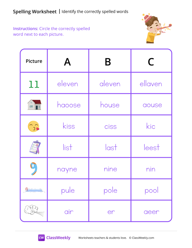 Identify the Correctly Spelled Words - Surprise worksheet preview