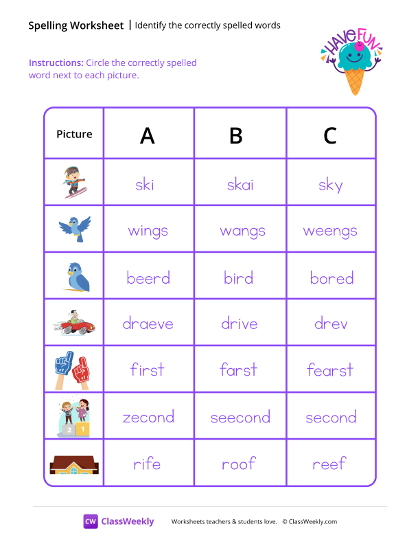 Identify the Correctly Spelled Words - Ice Cream worksheet preview