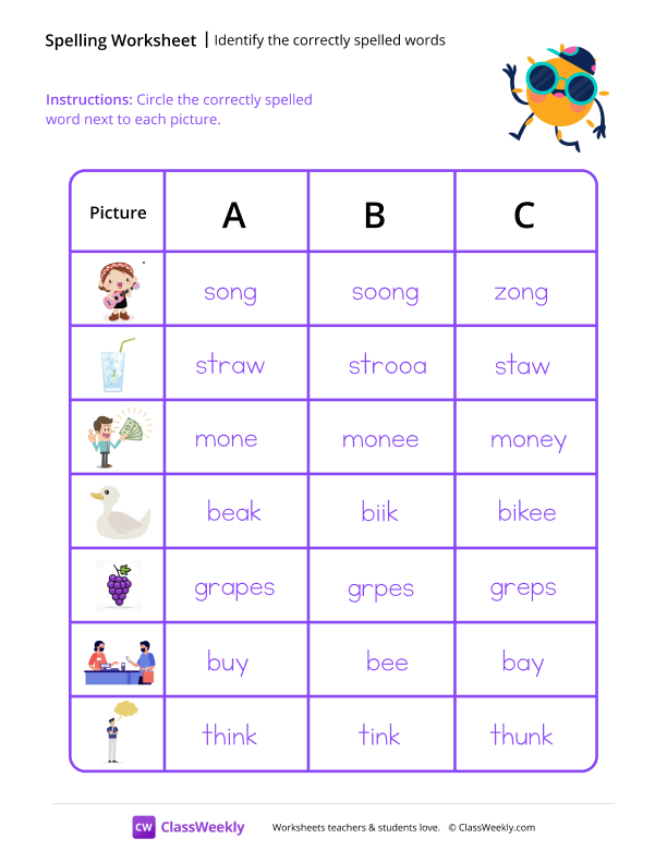 Identify the Correctly Spelled Words - Sun Cap worksheet preview