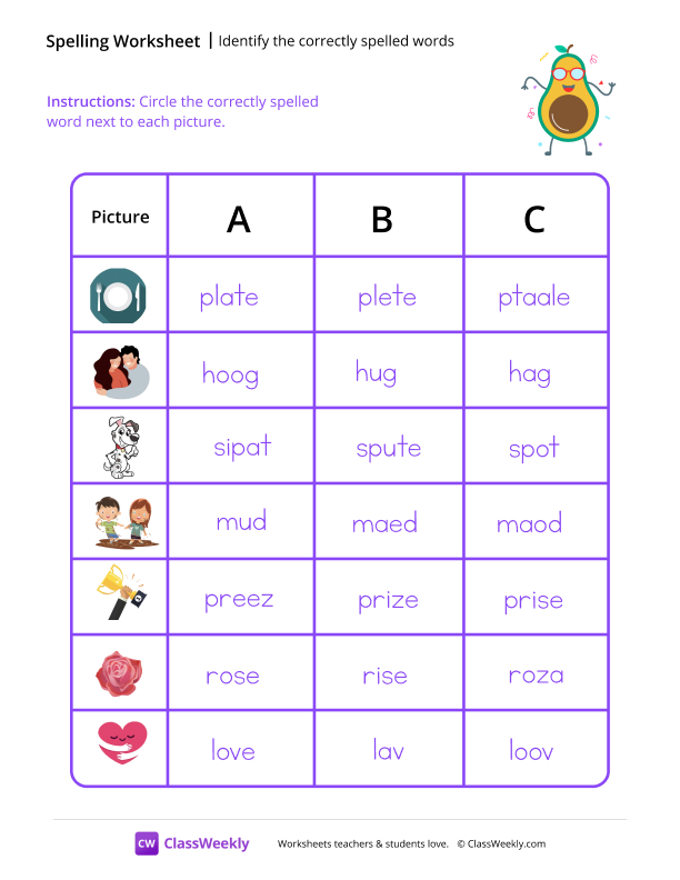 Identify the Correctly Spelled Words - Avocado worksheet preview