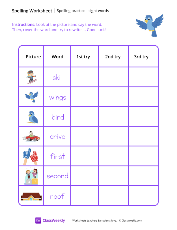 Spelling Practice & Sight Words - Bird worksheet preview