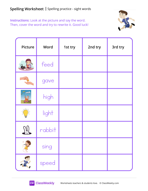Spelling Practice & Sight Words - Run worksheet preview