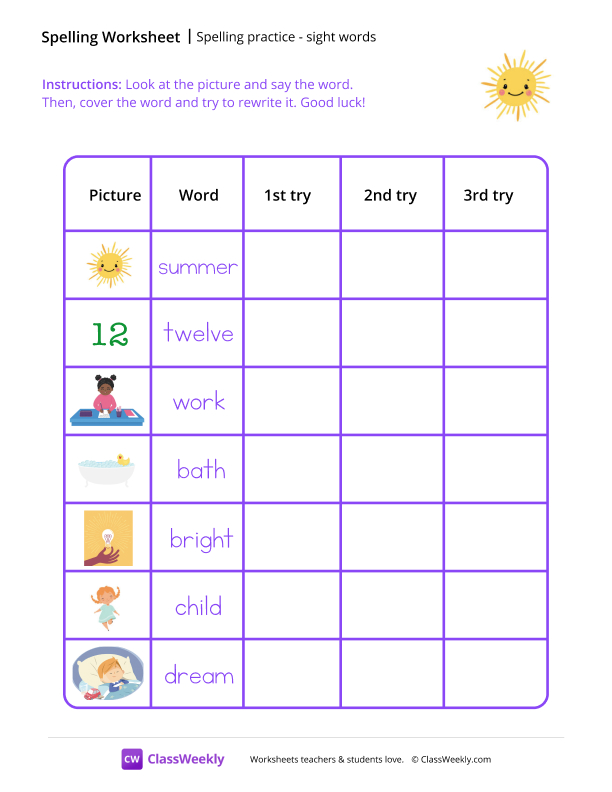 Spelling Practice & Sight Words - Sun worksheet preview