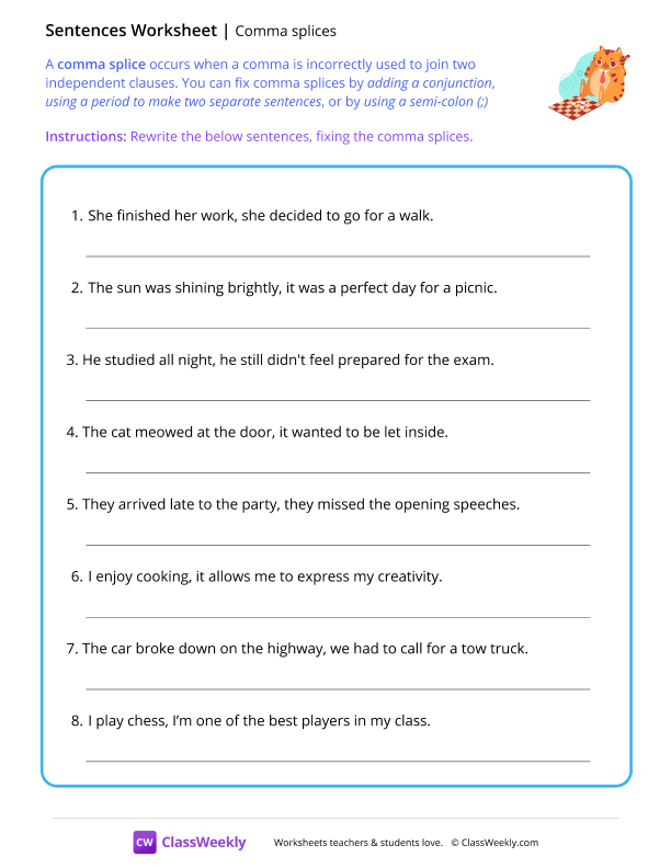 Comma Splices - Chess Cat worksheet preview