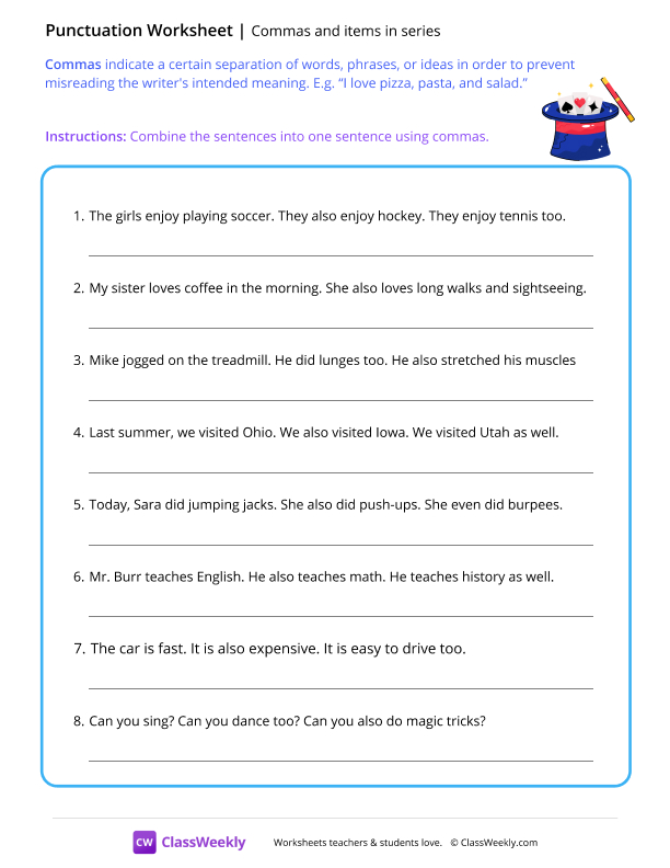 Commas and items in series - Magic Hat worksheet preview