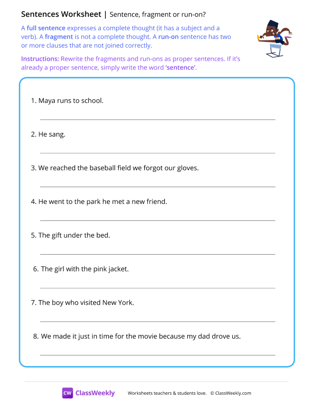 Fragment, sentence or run-on? - Hurdles worksheet preview