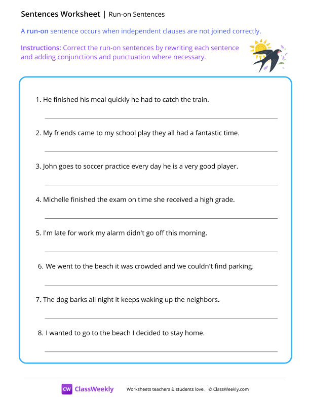 Run-on Sentences - Sunny Bird worksheet preview