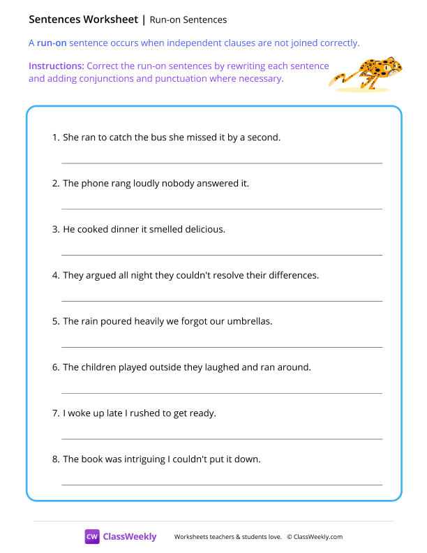 Run-on Sentences - Cheetah worksheet preview