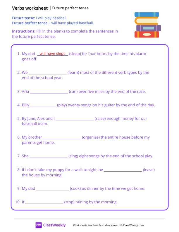 Future perfect tense - Book Pile worksheet preview