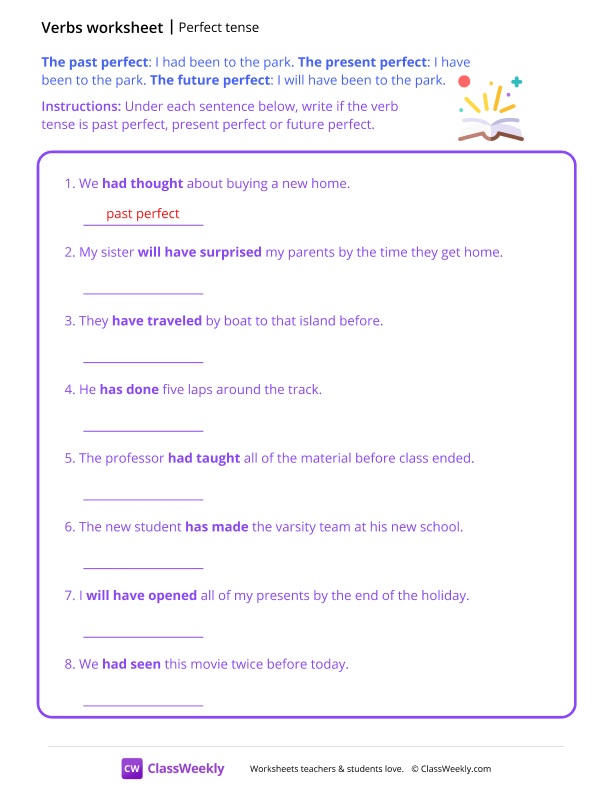 Perfect Tenses - Book Magic worksheet preview