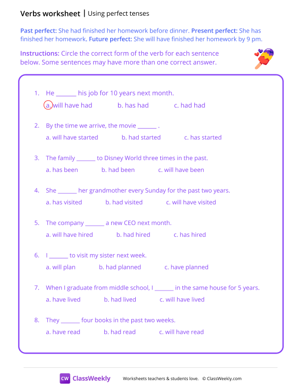 Using Perfect Tenses worksheet preview