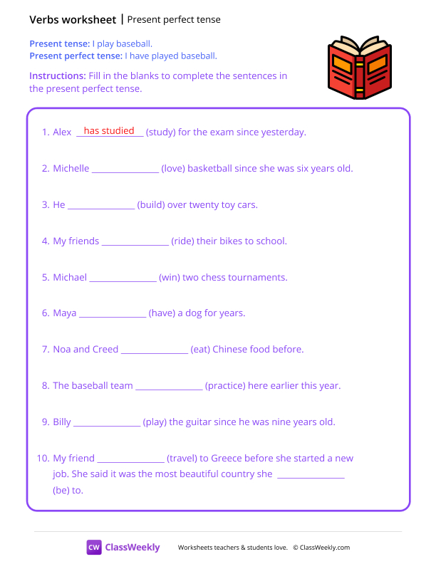 Present perfect tense - Open Book worksheet preview