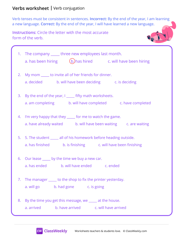 Verb Conjugation - Sleepy Cat worksheet preview