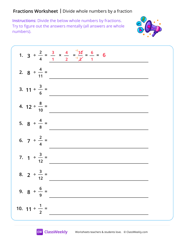 Divide Whole Numbers By a Fraction worksheet preview