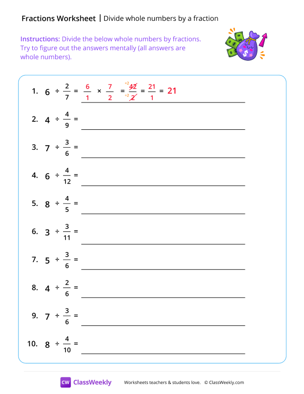 Divide Whole Numbers By a Fraction - Purple Bag worksheet preview