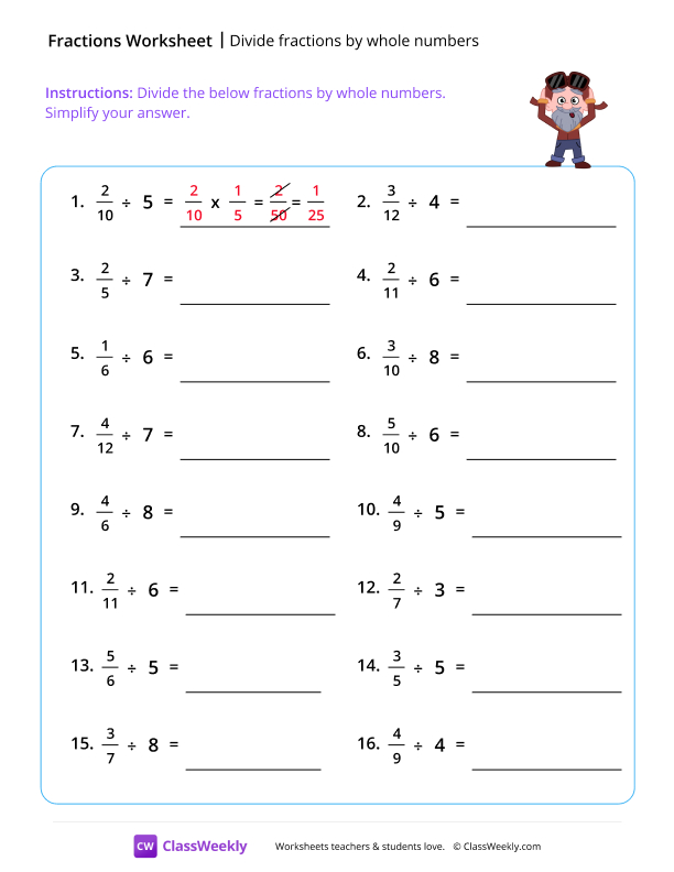 Divide fractions by whole numbers - Explorer worksheet preview