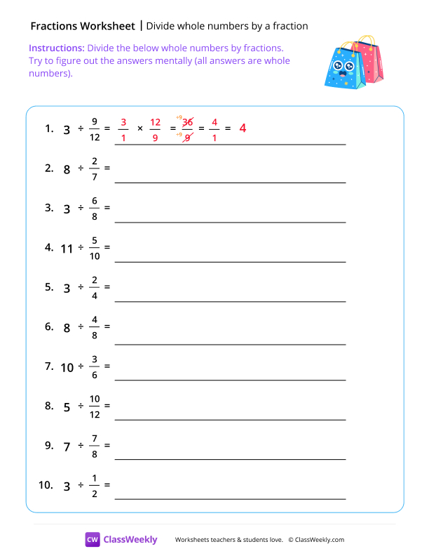 Divide Whole Numbers By a Fraction - Surprised Bags worksheet preview