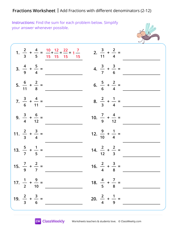 Add Fractions with different denominators (2-12) worksheet preview