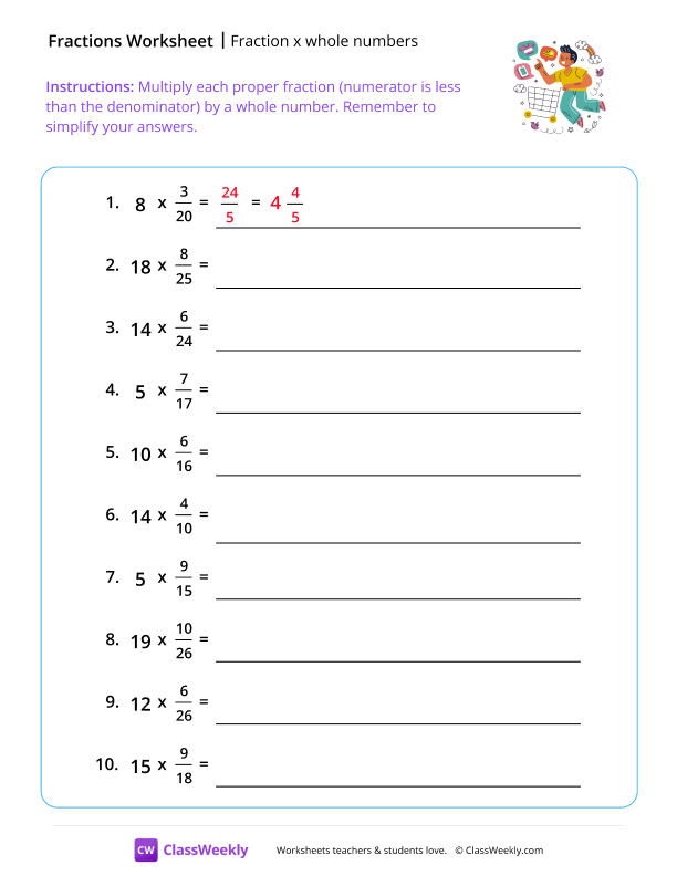 Fraction x Whole Numbers - Shop worksheet preview
