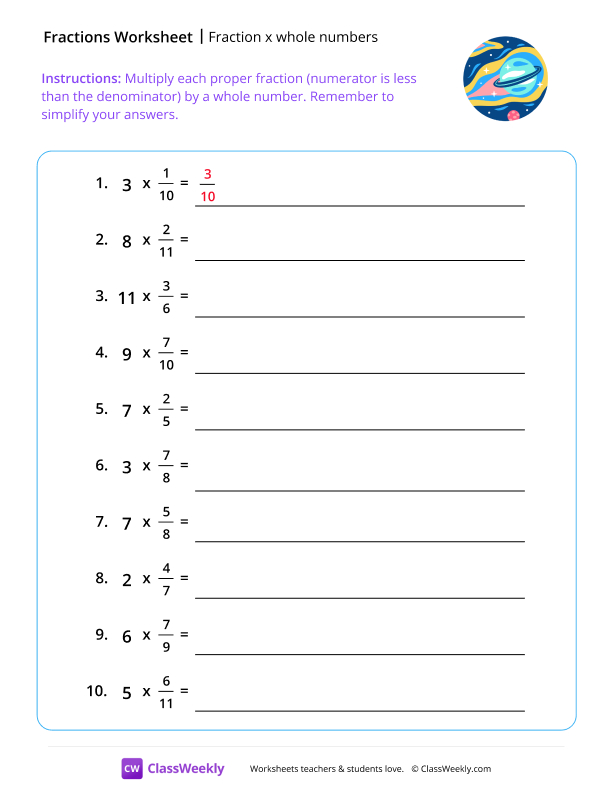 Fraction x Whole Numbers - Van Space worksheet preview