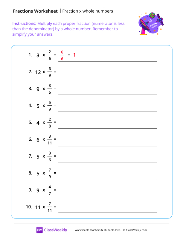 Fraction x Whole Numbers - Satellite worksheet preview