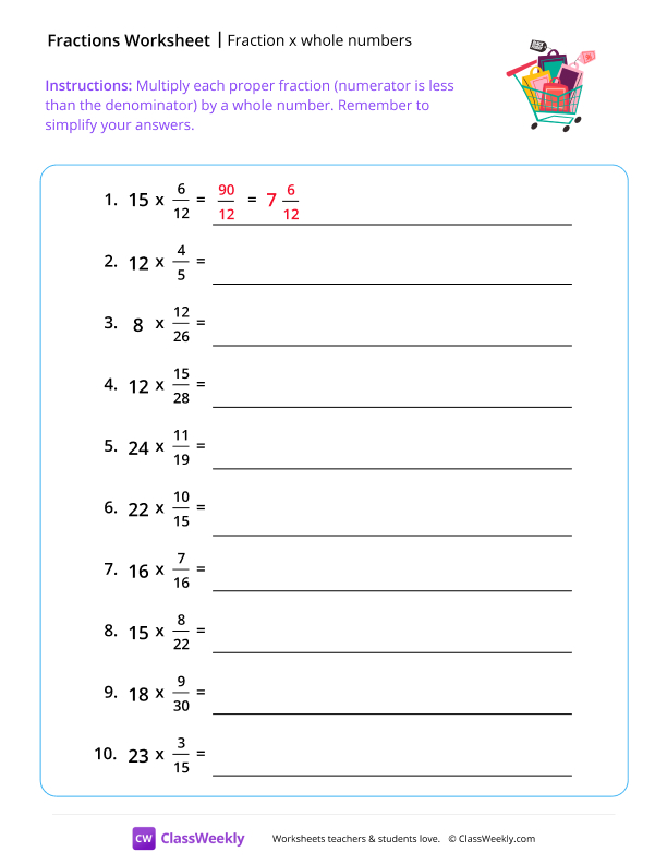 Fraction x Whole Numbers - Shopping worksheet preview