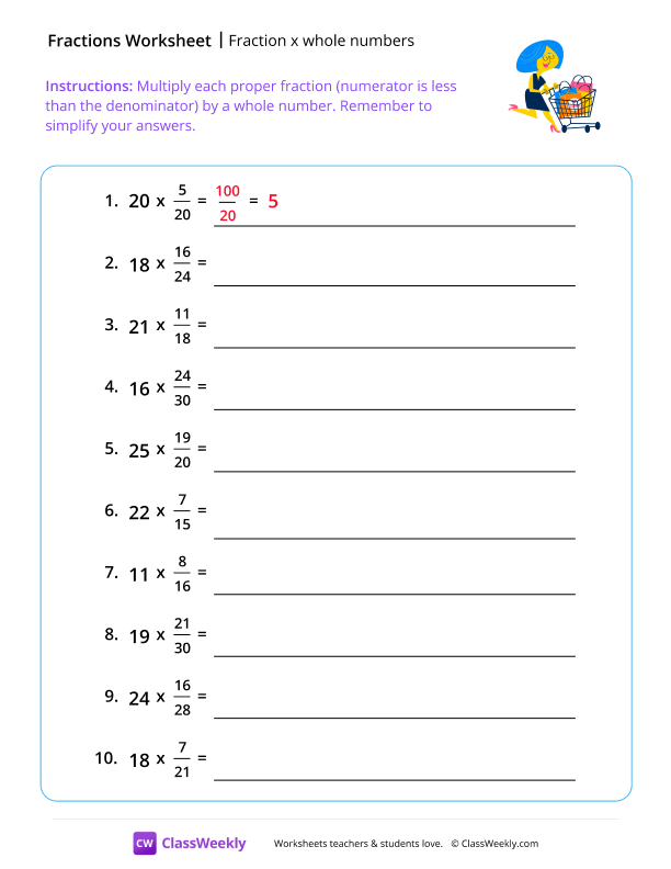 Fraction x Whole Numbers - Happy worksheet preview