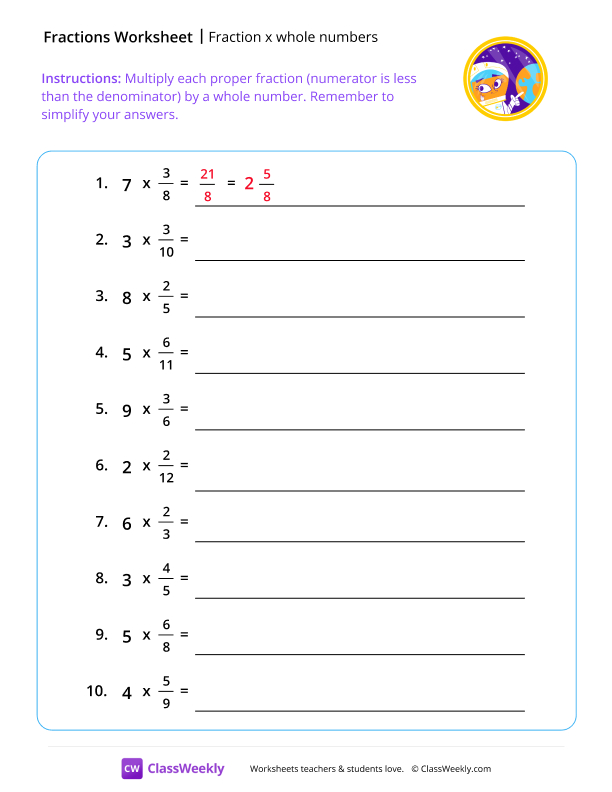Fraction x Whole Numbers - Space Selfie worksheet preview