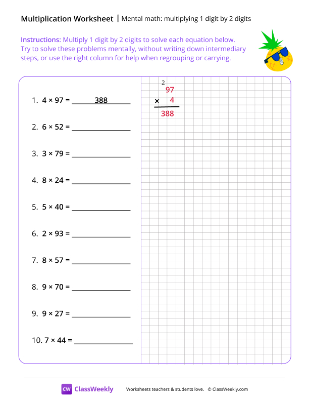 Mental Math: Multiplying 1 digit by 2 digits - Cool Pineapple worksheet preview