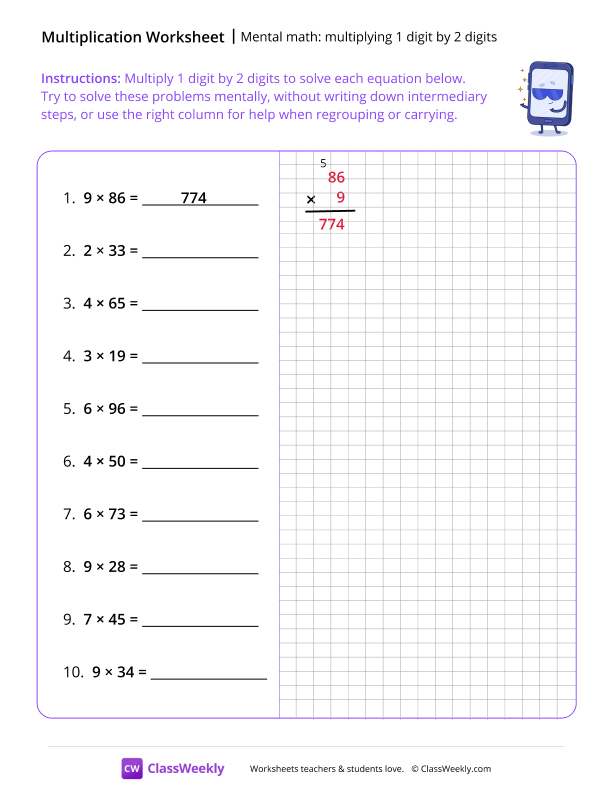 Mental Math: Multiplying 1 digit by 2 digits - Dreamy Tablet worksheet preview