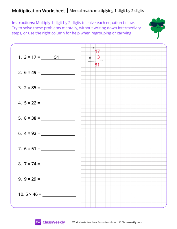 Mental Math: Multiplying 1 digit by 2 digits - Tough Plant worksheet preview