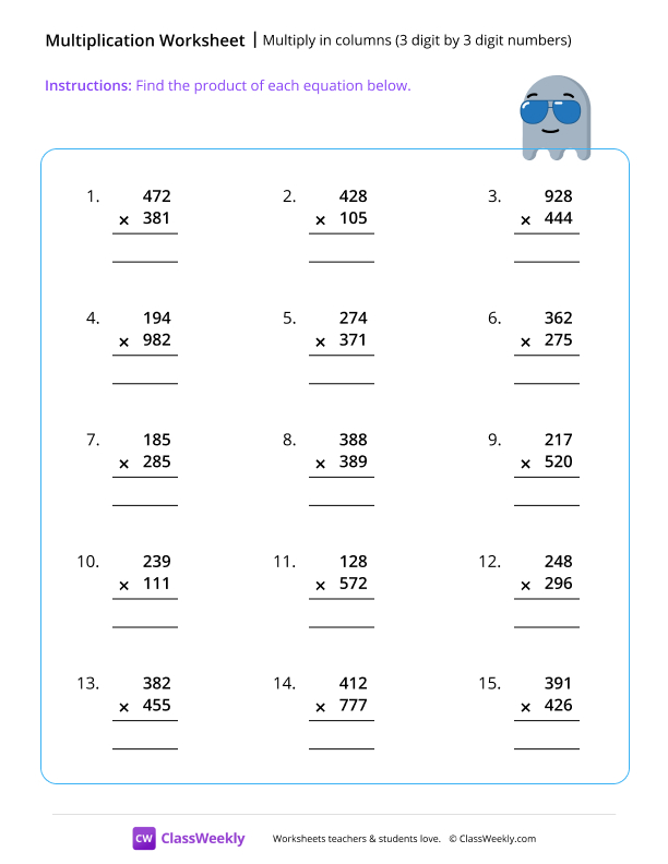 Multiply 3 digit numbers - Ghost worksheet preview