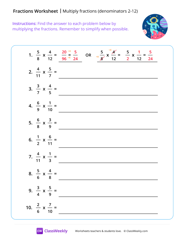 Multiply Fractions (Denominators 2-12) - Astronaut worksheet preview
